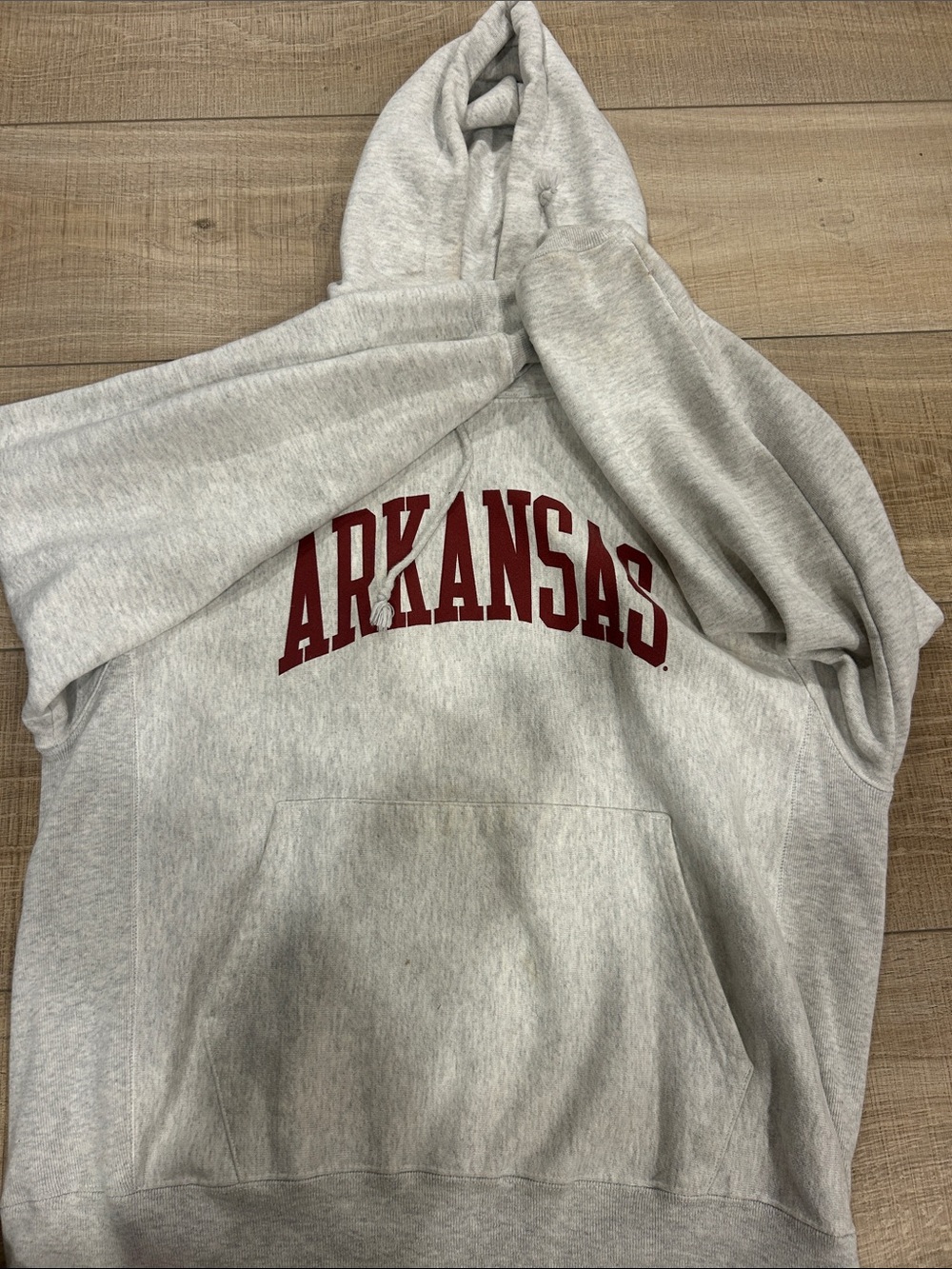 Champion Gray Hoodie with Red Arkansas Lettering
